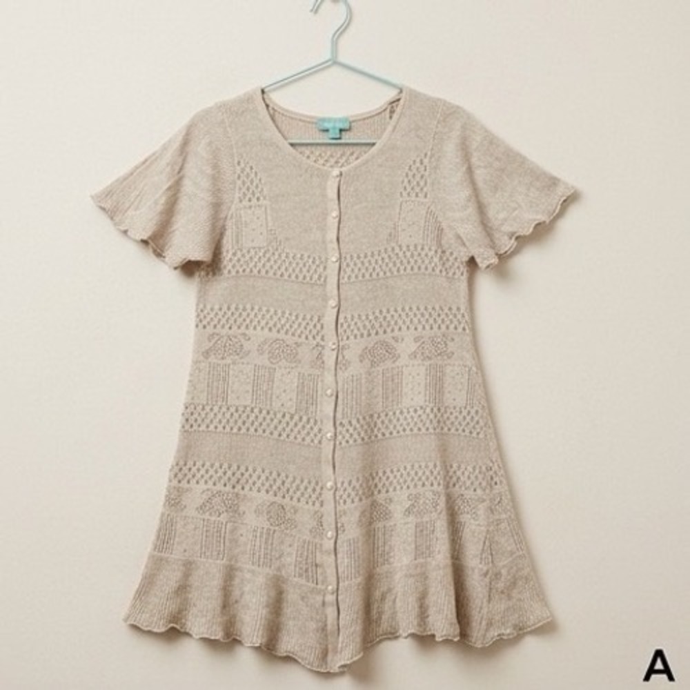 Shu Shu Pointelle Knit Button Front Tunic Top Flutter Sleeve Beige Large Women